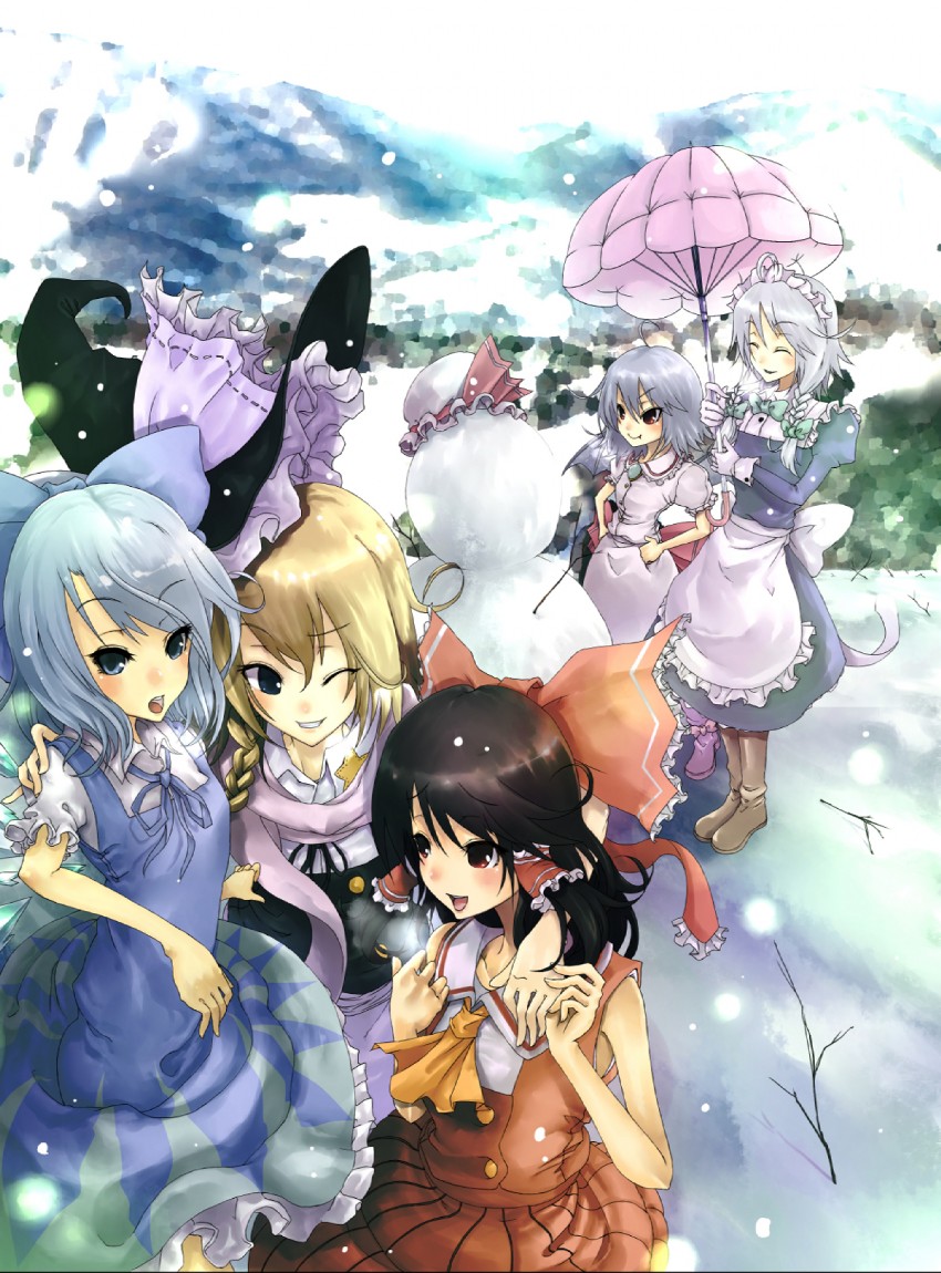hakurei reimu, kirisame marisa, remilia scarlet, izayoi sakuya, and cirno (touhou) drawn by muso-comet