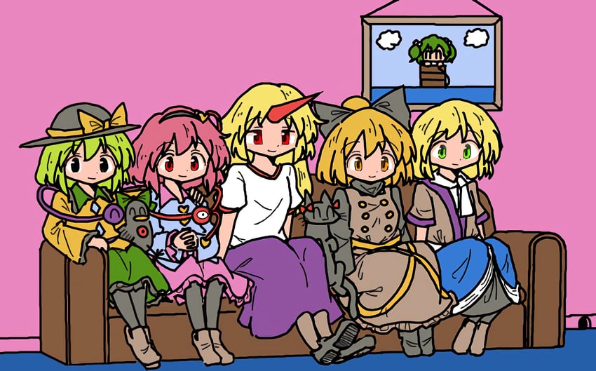 komeiji koishi, komeiji satori, kaenbyou rin, reiuji utsuho, mizuhashi parsee, and 3 more (touhou and 2 more) drawn by kasuya_baian