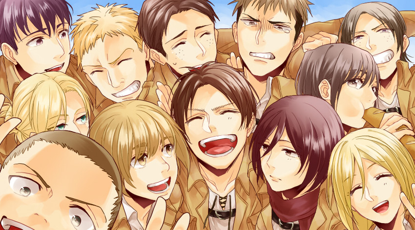 mikasa ackerman, eren yeager, krista lenz, ymir, reiner braun, and 7 more (shingeki no kyojin) drawn by maltaziro