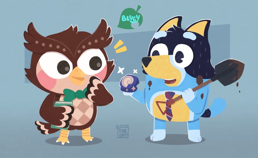 blathers and bandit heeler (animal crossing and 1 more) drawn by far_knyte