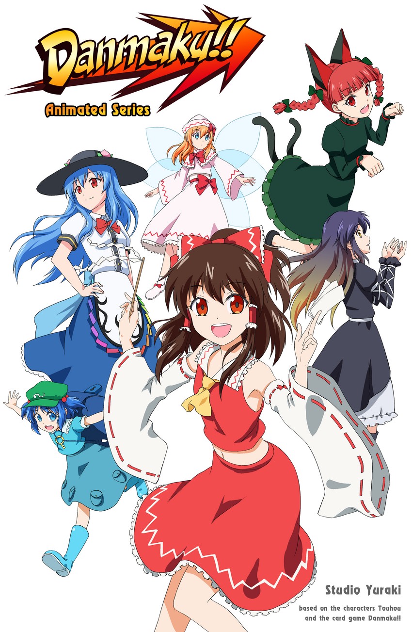 hakurei reimu, kaenbyou rin, kawashiro nitori, hinanawi tenshi, hijiri byakuren, and 1 more (touhou and 1 more) drawn by studio_yuraki