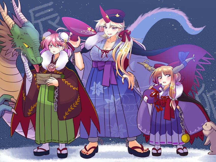 ibuki suika, hoshiguma yuugi, ibaraki kasen, and koutei (touhou) drawn by elaphe_guttata6