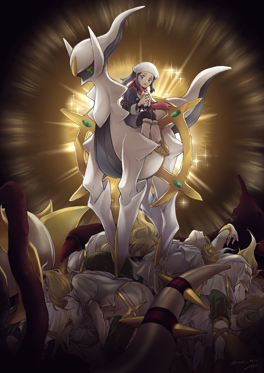 akari, volo, giratina, and arceus (pokemon and 1 more) drawn by a_nori