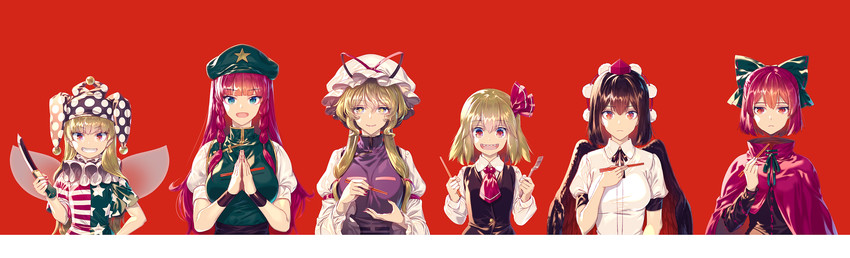 yakumo yukari, shameimaru aya, hong meiling, rumia, clownpiece, and 1 more (touhou) drawn by zounose