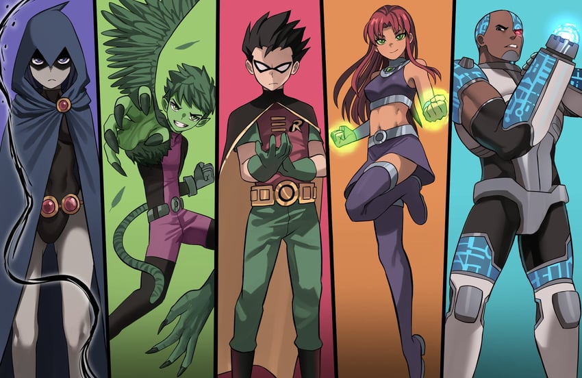 raven, starfire, robin, dick grayson, beast boy, and 1 more (dc comics and 1 more) drawn by jourd4n