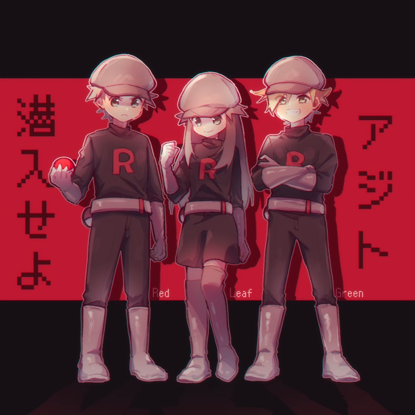 red, blue oak, and leaf (pokemon and 1 more) drawn by maccha_pamocute