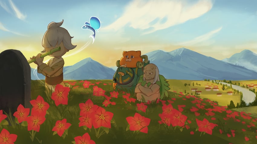 shuanshuan, mystic nymph, kuafu, and shennong (nine sols) drawn by deepbake_coffee