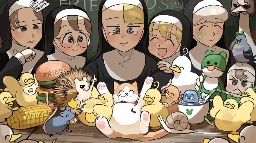clumsy nun, froggy nun, spicy nun, sheep nun, glasses nun, and 1 more (little nuns) drawn by diva_(hyxpk)