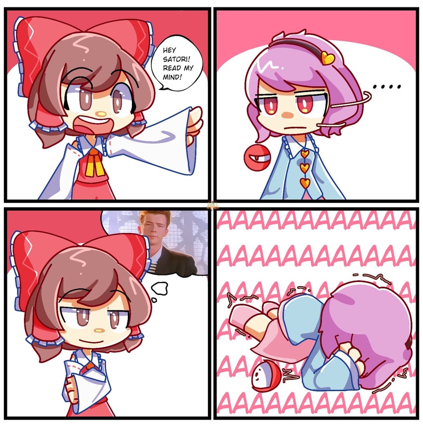 hakurei reimu, komeiji satori, and rick astley (touhou and 1 more) drawn by permanaarl