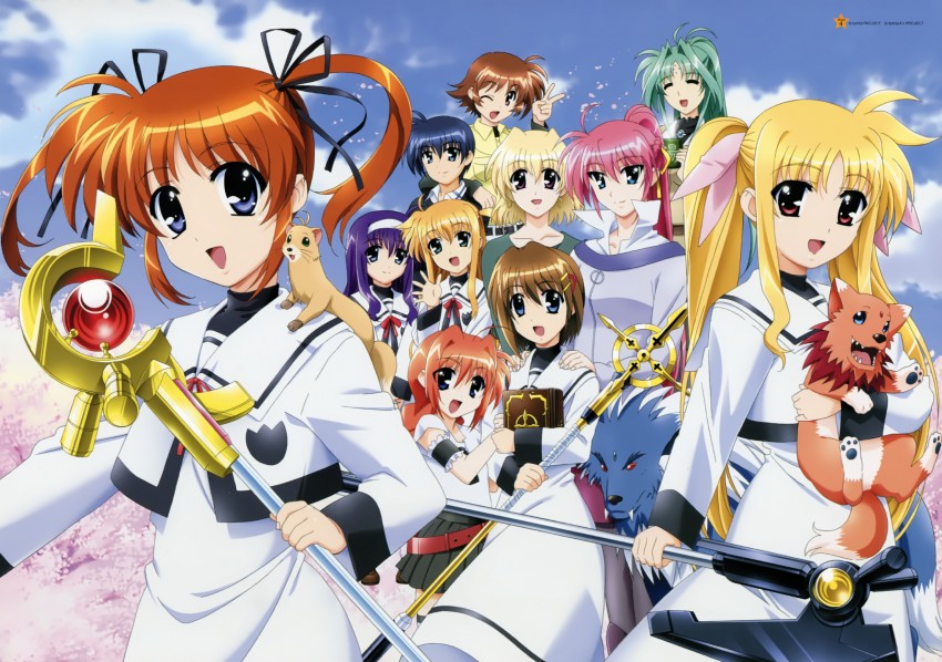 fate testarossa, takamachi nanoha, yagami hayate, raising heart, vita, and 13 more (lyrical nanoha and 2 more) drawn by okuda_yasuhiro