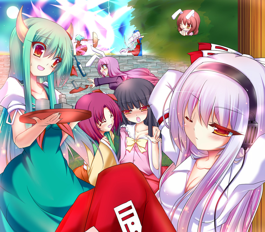 reisen udongein inaba, fujiwara no mokou, kazami yuuka, kamishirasawa keine, houraisan kaguya, and 4 more (touhou) drawn by teec