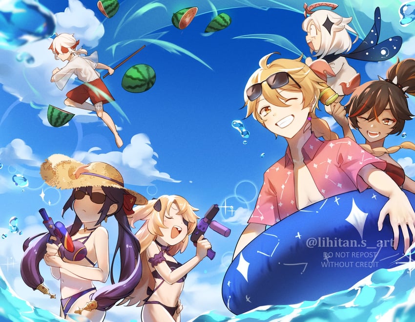 aether, mona, paimon, kaedehara kazuha, fischl, and 1 more (genshin impact) drawn by lihito_kamizawa