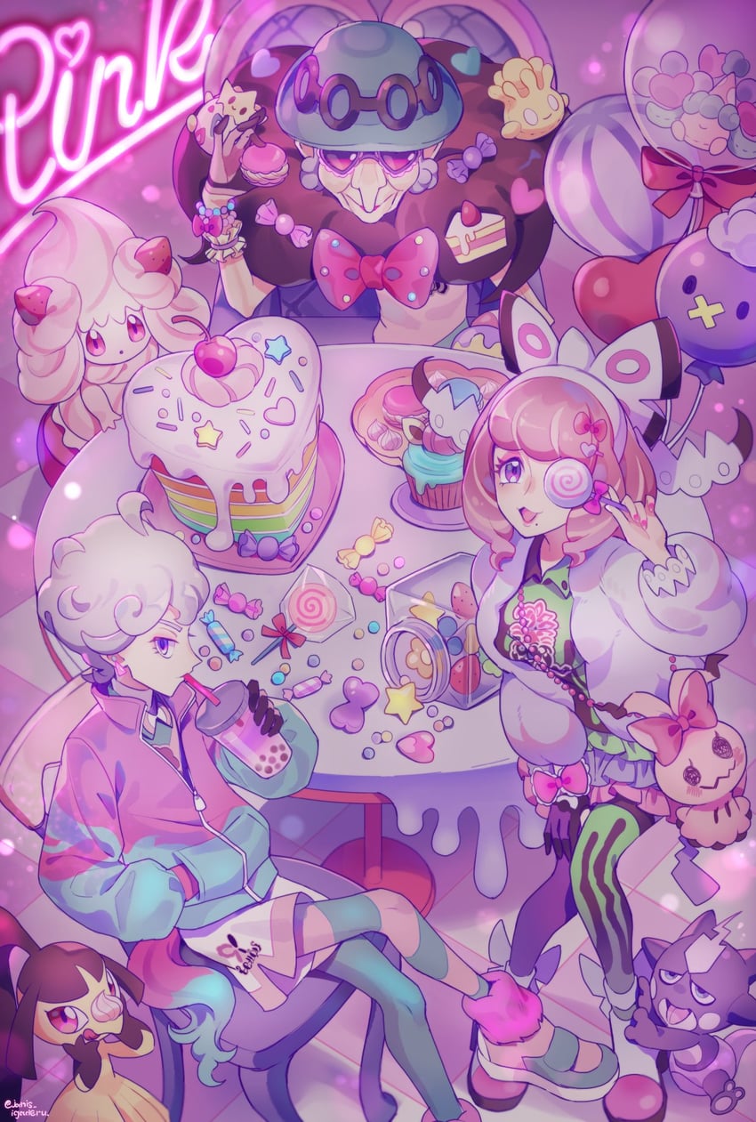 mimikyu, bede, mawile, alcremie, drifloon, and 6 more (pokemon and 1 more) drawn by janis_(hainegom)