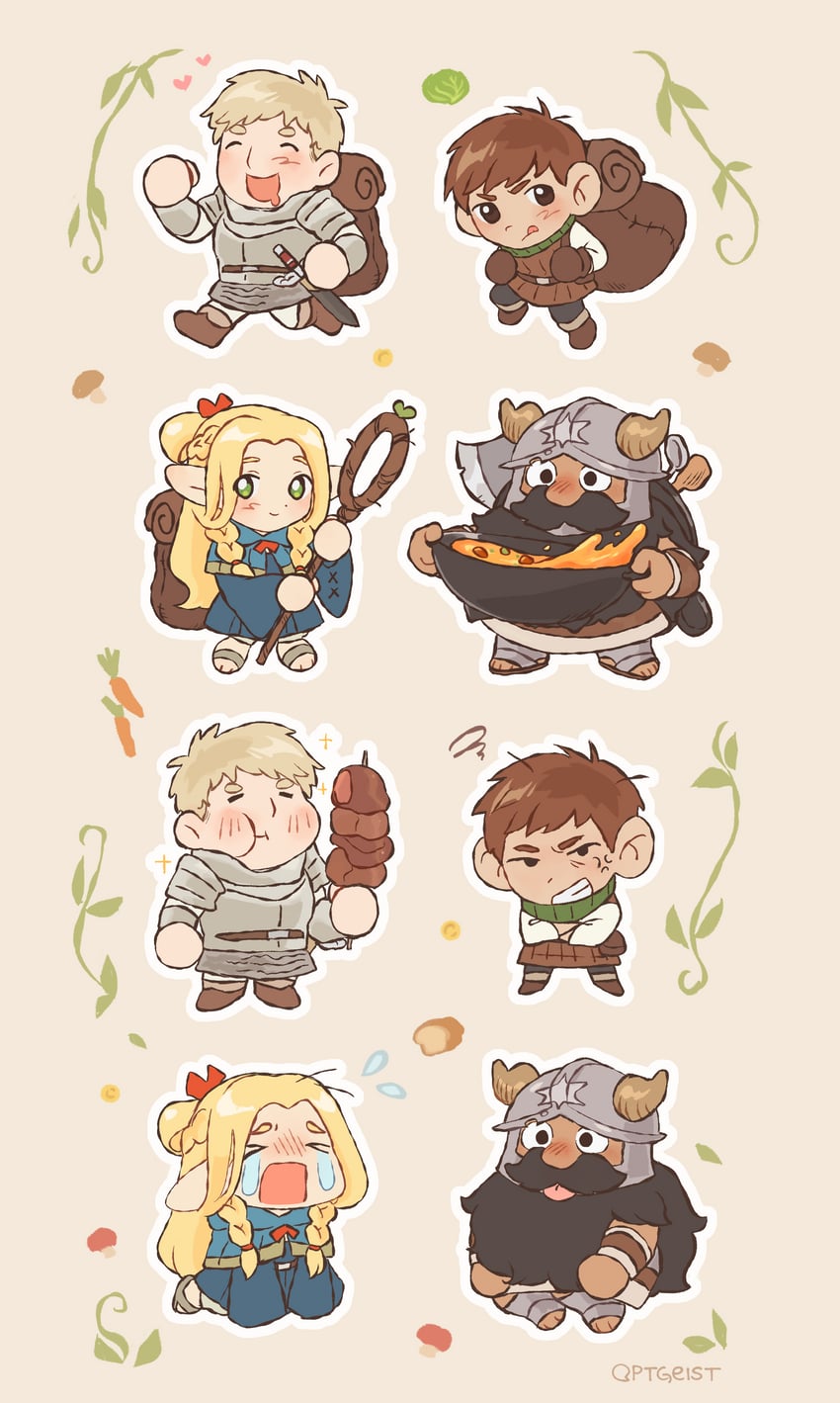 marcille donato, laios touden, senshi, and chilchuck tims (dungeon meshi) drawn by ptgeist