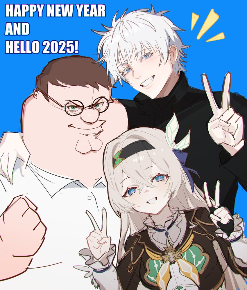 firefly, gojou satoru, and peter griffin (honkai and 3 more) drawn by kowai_(iamkowai)