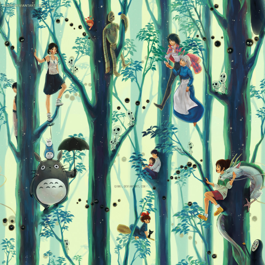 kiki, san, howl pendragon, jiji, ogino chihiro, and 13 more (studio ghibli and 8 more) drawn by qinni