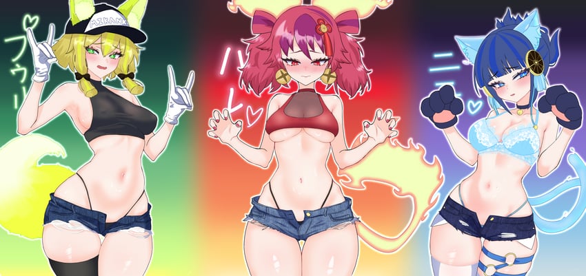 hu-li the jewel mikanko, ni-ni the mirror mikanko, and ha-re the sword mikanko (yu-gi-oh!) drawn by oldsickkim