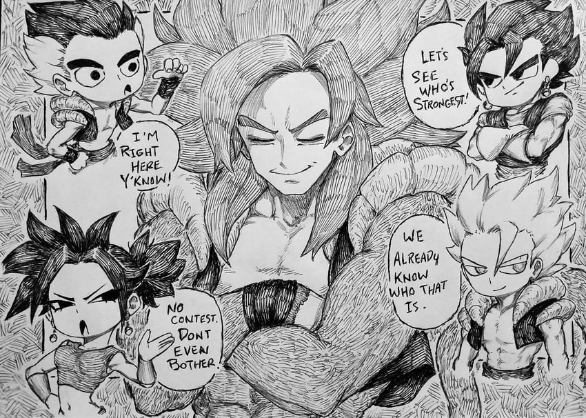 gogeta, vegetto, kefla, and gotenks (dragon ball and 3 more) drawn by chronozbergh