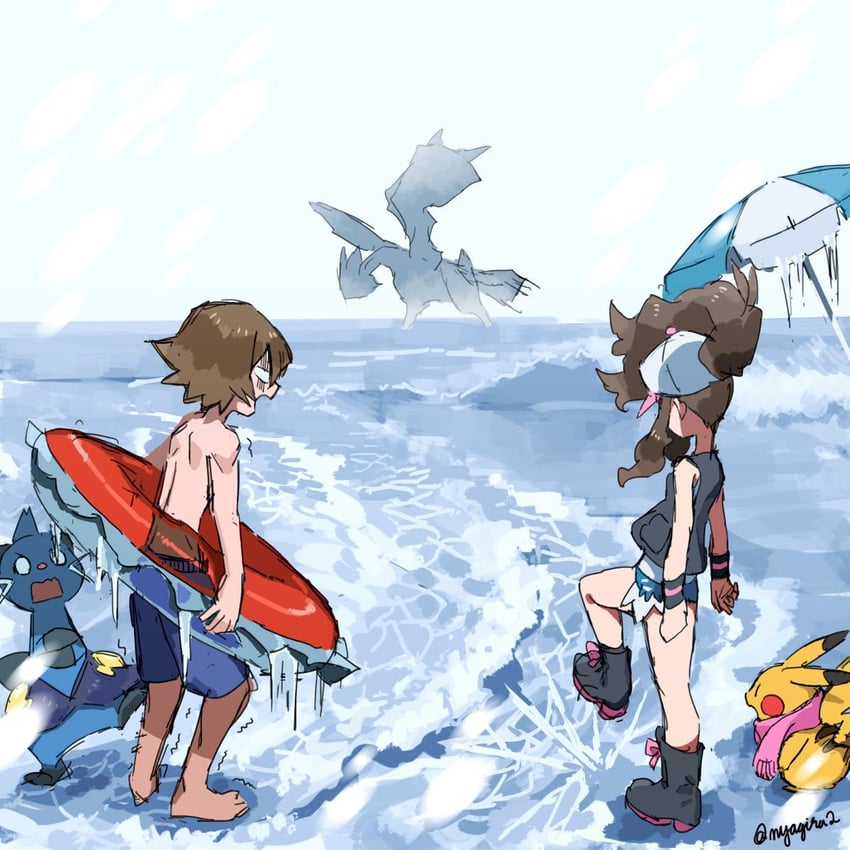 pikachu, hilda, hilbert, kyurem, and dewott (pokemon and 1 more) drawn by nyagiratwist