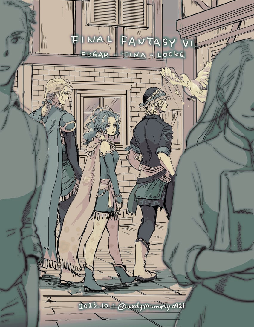 terra branford, locke cole, and edgar roni figaro (final fantasy and 1 more) drawn by uedymummy0921