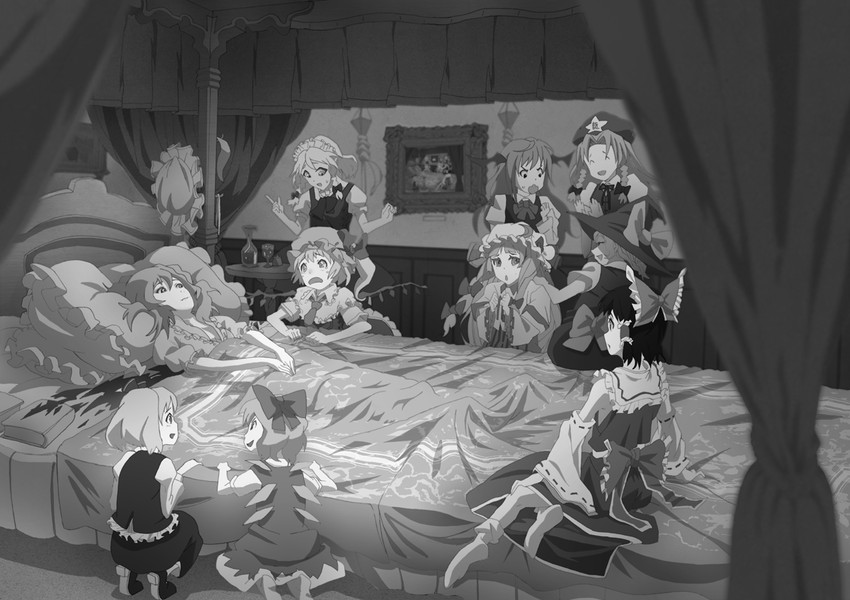 hakurei reimu, kirisame marisa, remilia scarlet, flandre scarlet, izayoi sakuya, and 5 more (touhou and 1 more) drawn by aromaurooboe