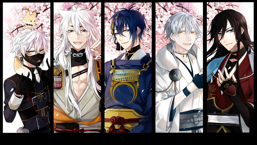 mikazuki munechika, tsurumaru kuninaga, izumi-no-kami kanesada, kogitsunemaru, nakigitsune, and 1 more (touken ranbu) drawn by pineapple_(a30930s)