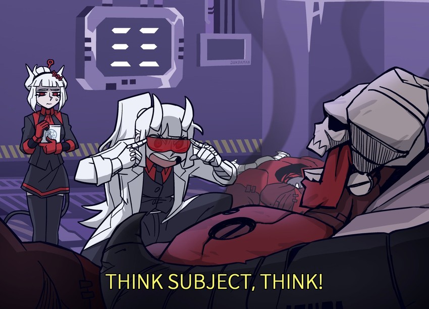 lucifer, loremaster, and subject 67 (helltaker and 1 more) drawn by jukdaman