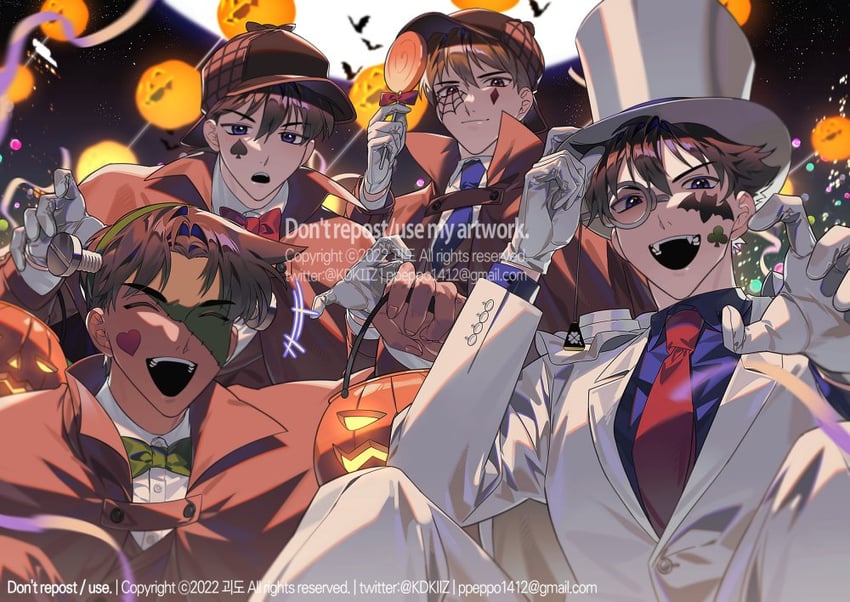 frankenstein's monster, kudou shin'ichi, kaitou kid, hattori heiji, and hakuba saguru (meitantei conan and 1 more) drawn by kidkuroba4869