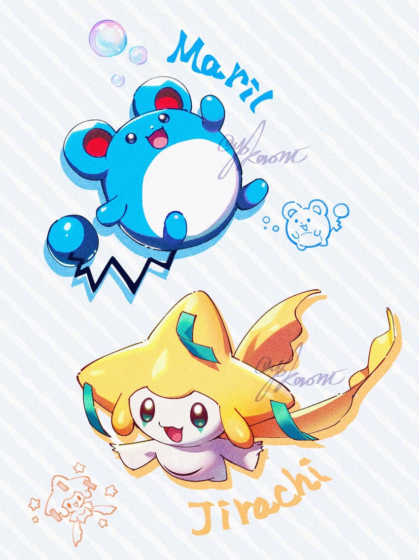 jirachi and marill (pokemon) drawn by yokaroni