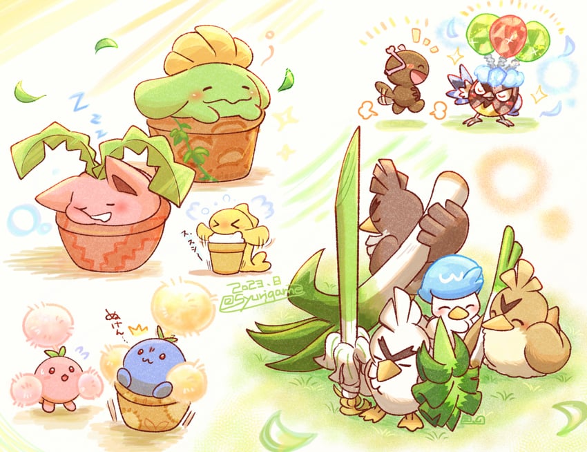 hoppip, sirfetch'd, jumpluff, tatsugiri, paldean wooper, and 3 more (pokemon) drawn by shuri_(syurigame)