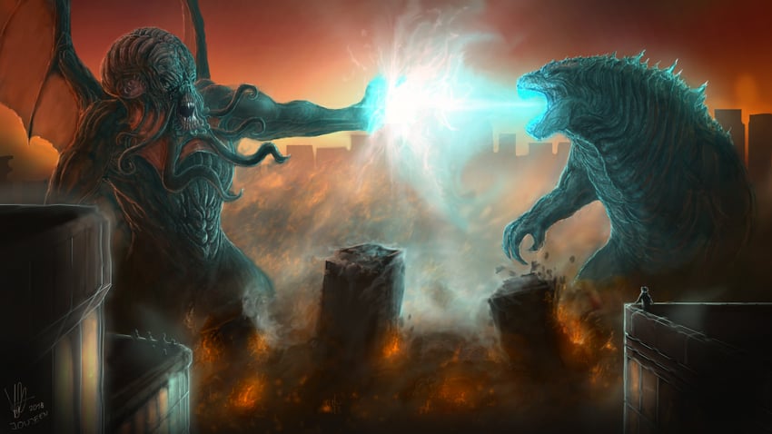 godzilla and cthulhu (godzilla and 2 more) drawn by joujeen