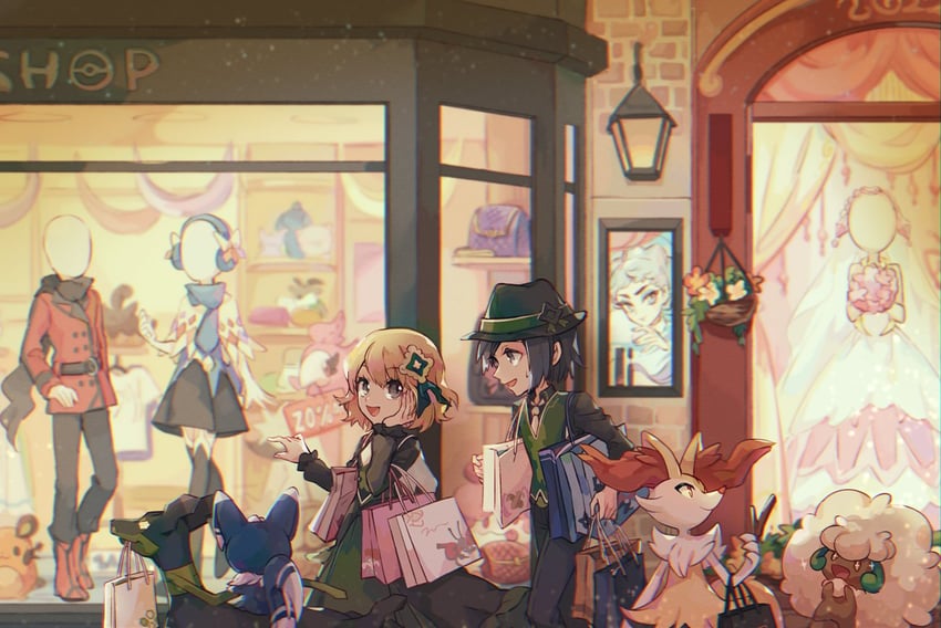 serena, calem, braixen, dedenne, whimsicott, and 6 more (pokemon and 2 more) drawn by huan_li