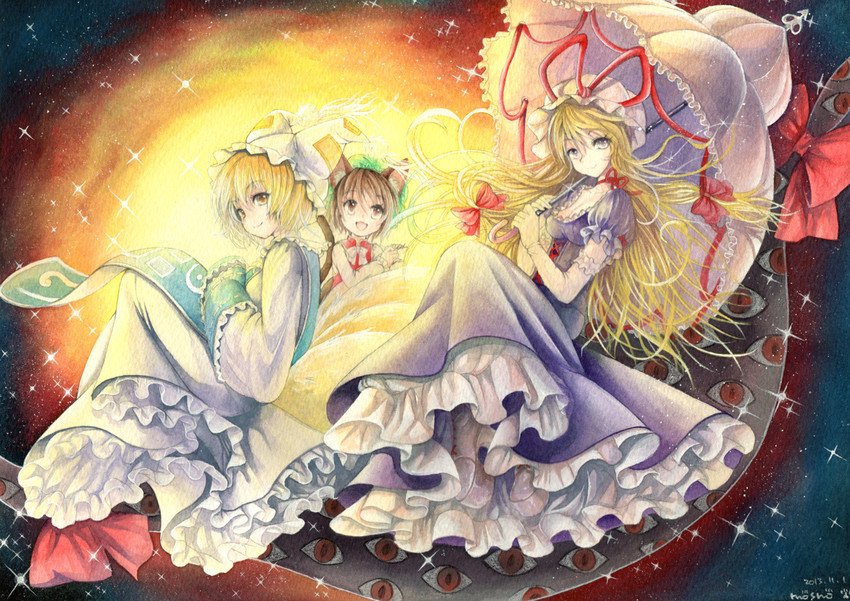 yakumo yukari, yakumo ran, and chen (touhou) drawn by mosho