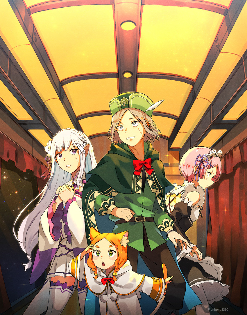 emilia, ram, otto suewen, and mimi pearlbaton (re:zero kara hajimeru isekai seikatsu) drawn by bangsutur