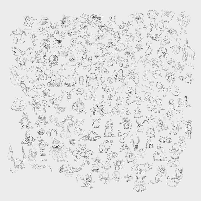 pikachu, eevee, charizard, gengar, bulbasaur, and 144 more (pokemon) drawn by simz