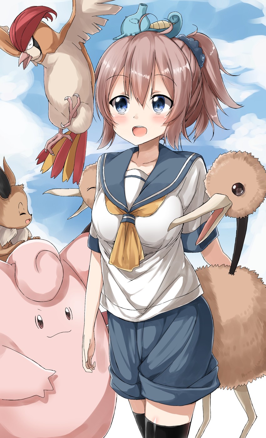 eevee, aoba, horsea, clefable, pidgeotto, and 1 more (kantai collection and 2 more) drawn by pentagon_(railgun_ky1206)