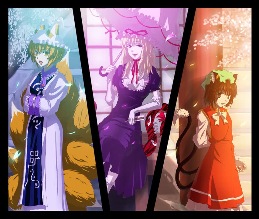 yakumo yukari, yakumo ran, and chen (touhou) drawn by guang
