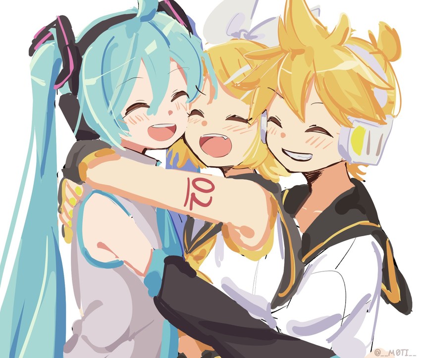 hatsune miku, kagamine rin, and kagamine len (vocaloid) drawn by m0ti