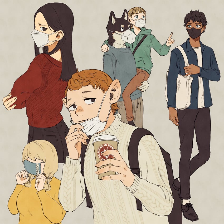kabru, mickbell tomas, kuro, rin, holm kranom, and 1 more (dungeon meshi) drawn by shako_(shaco_flat)