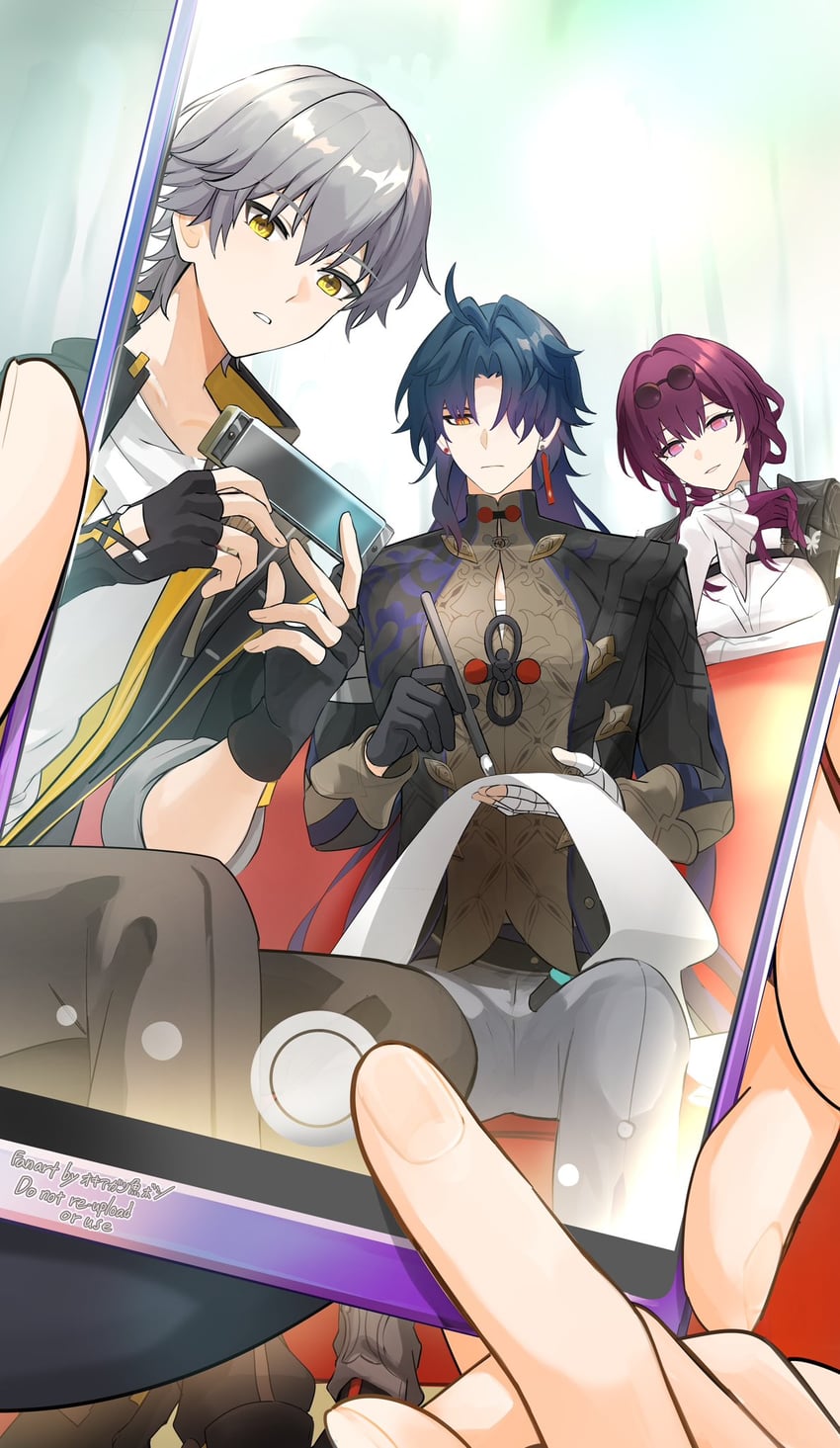 trailblazer, kafka, caelus, and blade (honkai and 1 more) drawn by okkobc