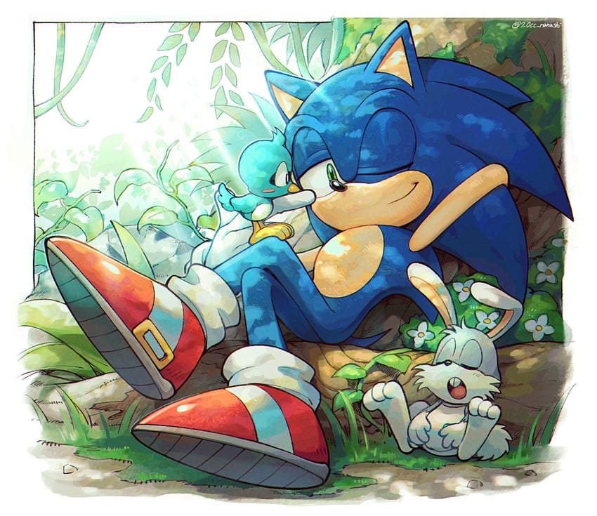 sonic the hedgehog, flicky, and pocky (sonic) drawn by show_chiku-by