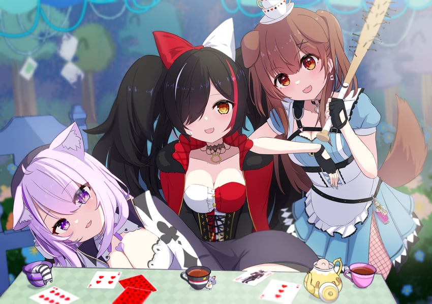 nekomata okayu, ookami mio, and inugami korone (hololive) drawn by tarakore_sauce