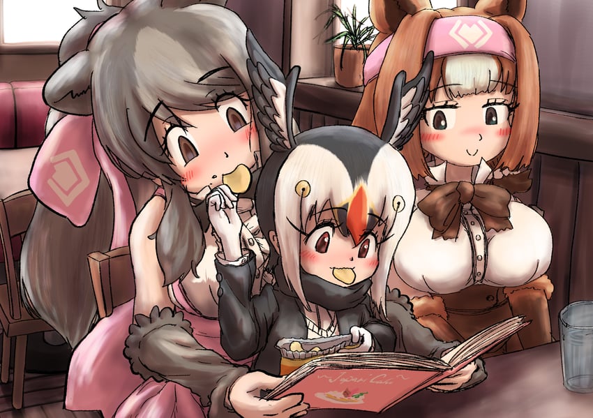 atlantic puffin, bergman's bear, and kodiak bear (kemono friends) drawn by teriiman