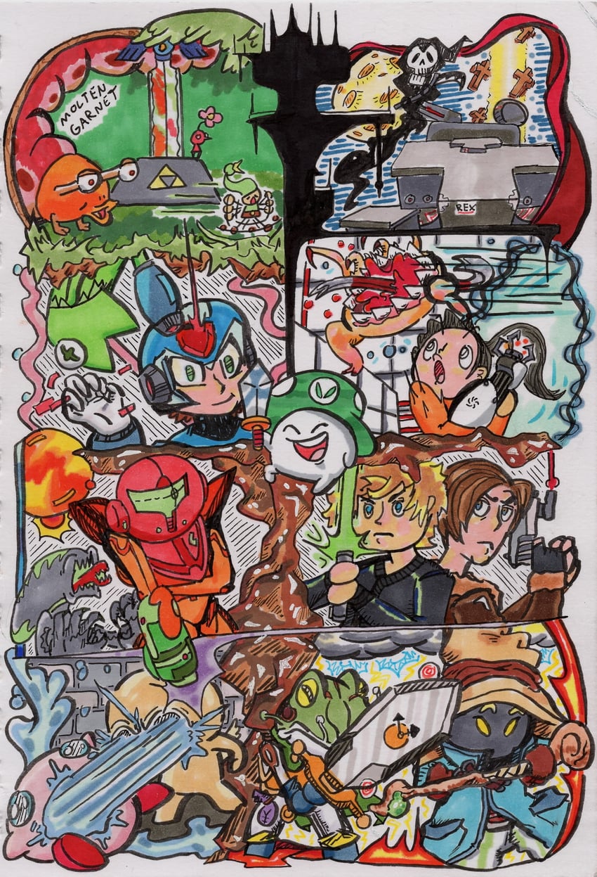 link, kirby, samus aran, x, leon s. kennedy, and 11 more (final fantasy and 16 more) drawn by molten_garnet