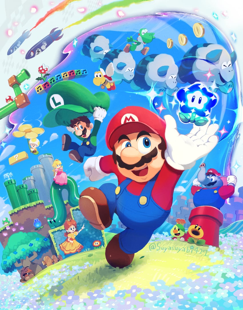 princess peach, mario, luigi, princess daisy, yoshi, and 11 more (mario and 1 more) drawn by suyasuyabi