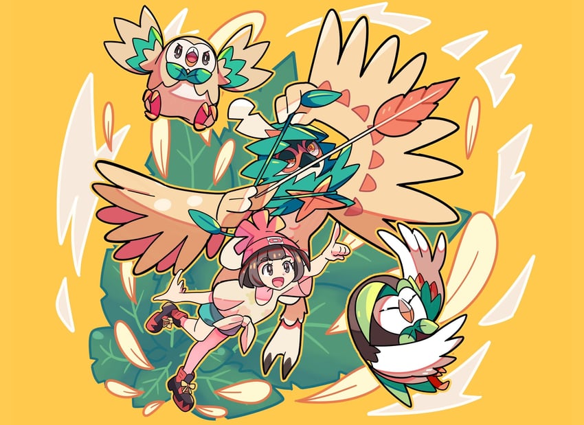 selene, rowlet, decidueye, and dartrix (pokemon and 1 more) drawn by stchame
