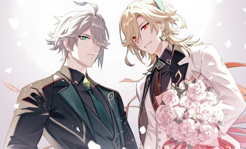 alhaitham and kaveh (genshin impact and 1 more) drawn by kikia_(a_aki6_g)