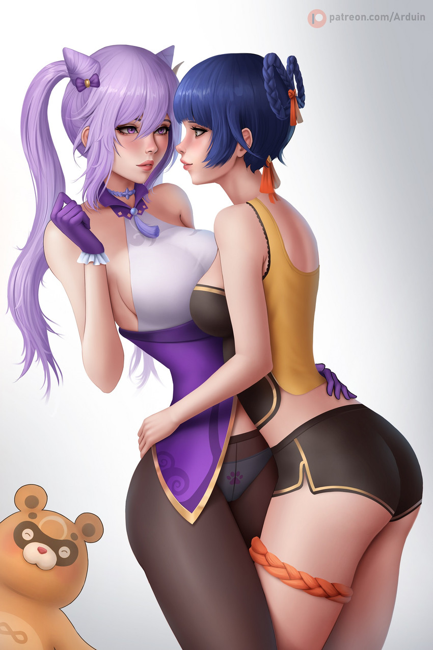 keqing, xiangling, and guoba (genshin impact) drawn by arduin_(arduin_art)