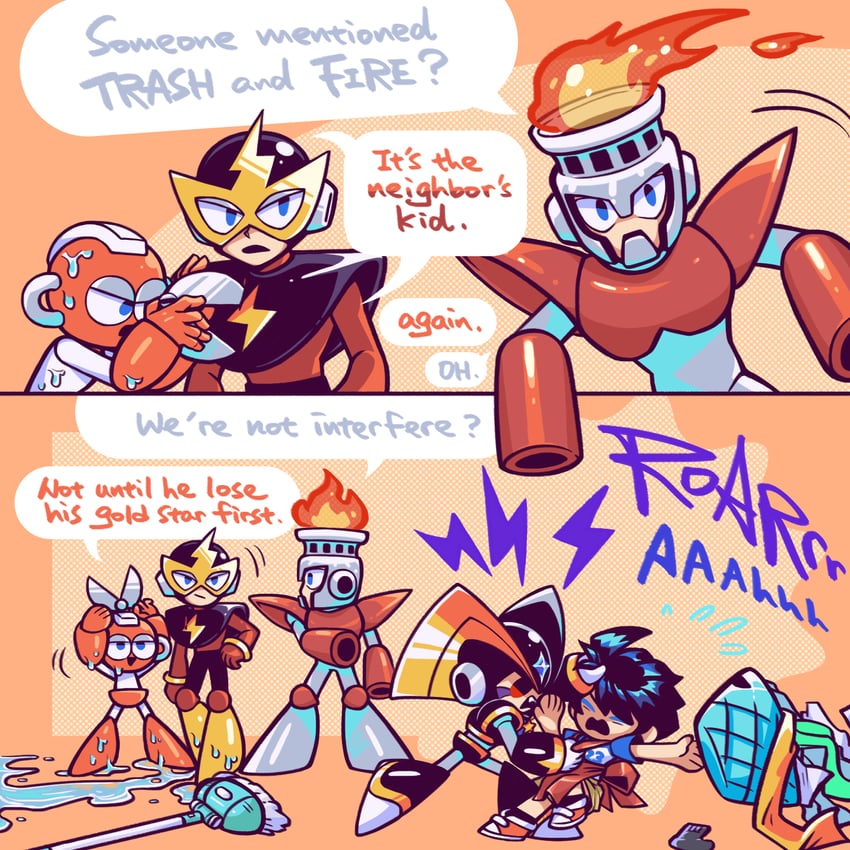 mega man, bass, cut man, elec man, and fire man (mega man) drawn by laser-lance