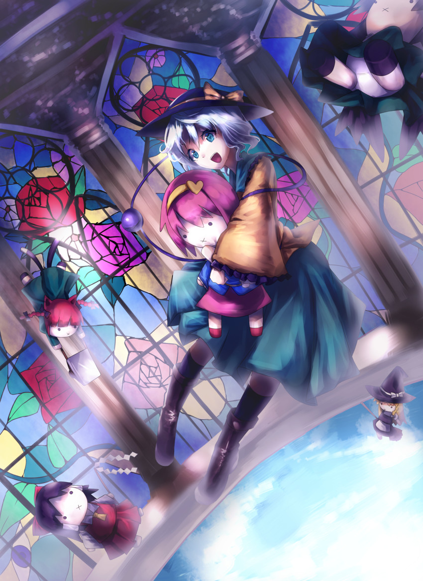 hakurei reimu, kirisame marisa, komeiji koishi, komeiji satori, kaenbyou rin, and 1 more (touhou) drawn by u_u_zan